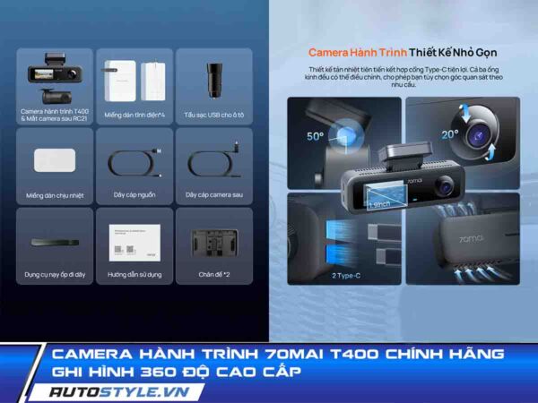 Camera Hành Trình 70Mai T400 Chính Hãng Ghi Hình 360 Độ Cao Cấp