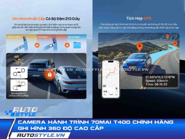 Camera Hành Trình 70Mai T400 Chính Hãng Ghi Hình 360 Độ Cao Cấp