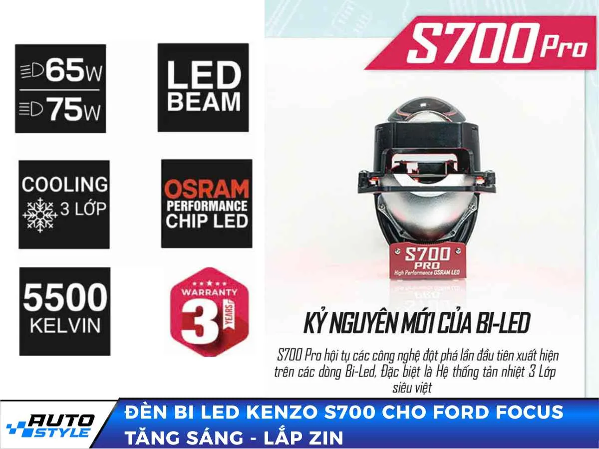 Đèn Bi Led Kenzo S700 Cho Ford Focus Tăng Sáng Lắp Zin