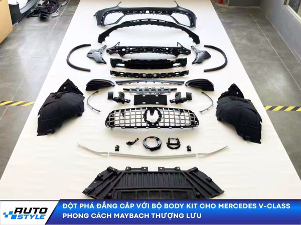 Nâng cấp body kit cho Mercedes V-Class phong cách Maybach đẳng cấp. Chi tiết cản trước, mặt ca-lăng chrome, ống xả kép giúp xe lột xác thành chuyên cơ mặt đất.