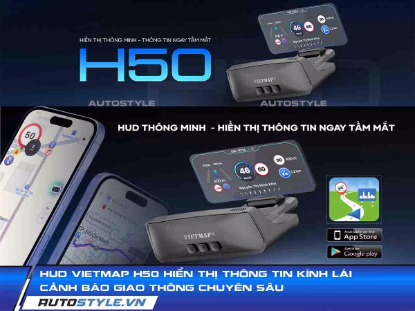 HUD Vietmap H50 Hiển Thị Thông Tin Kính Lái Cảnh Báo Giao Thông Chuyên Sâu