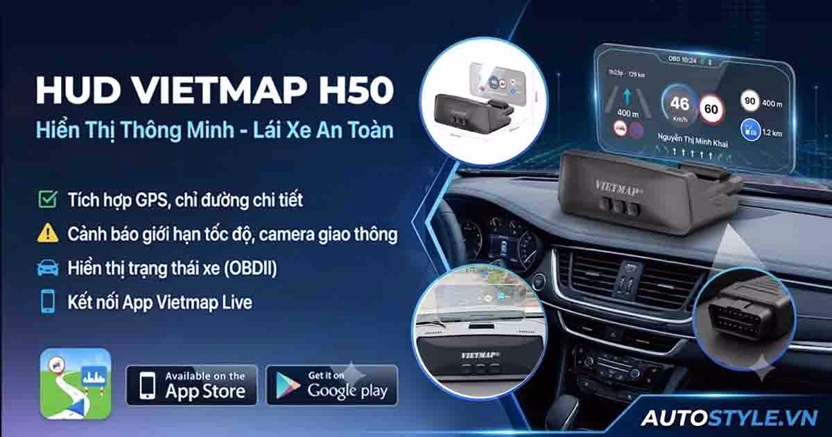 HUD Vietmap H50 Hiển Thị Thông Tin Kính Lái Cảnh Báo Giao Thông Chuyên Sâu